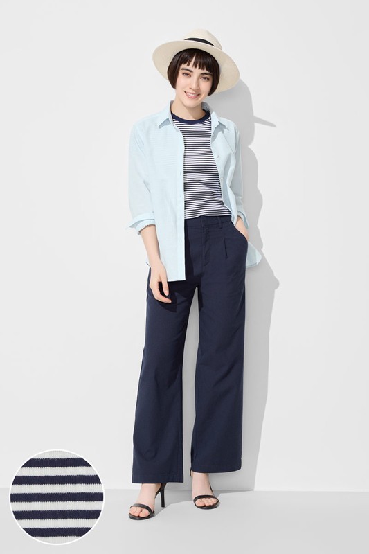 棉質羅紋條紋短版T恤-女