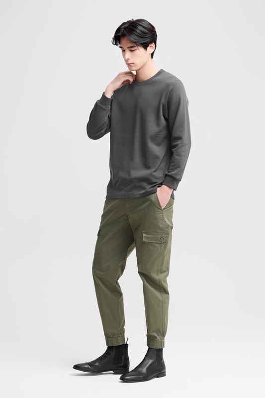 heatup輕磨毛華夫格圓領九分袖上衣-男