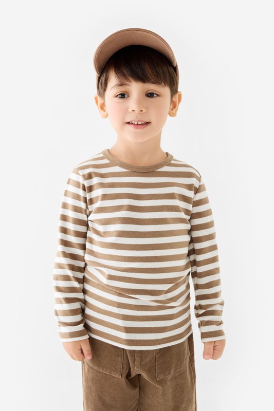 磨毛羅紋條紋圓領T恤-童