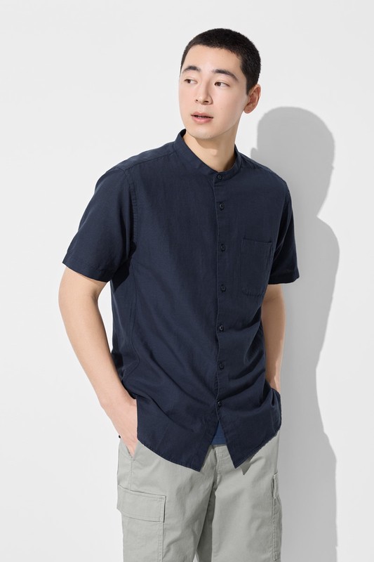 棉麻立領短袖襯衫-男
