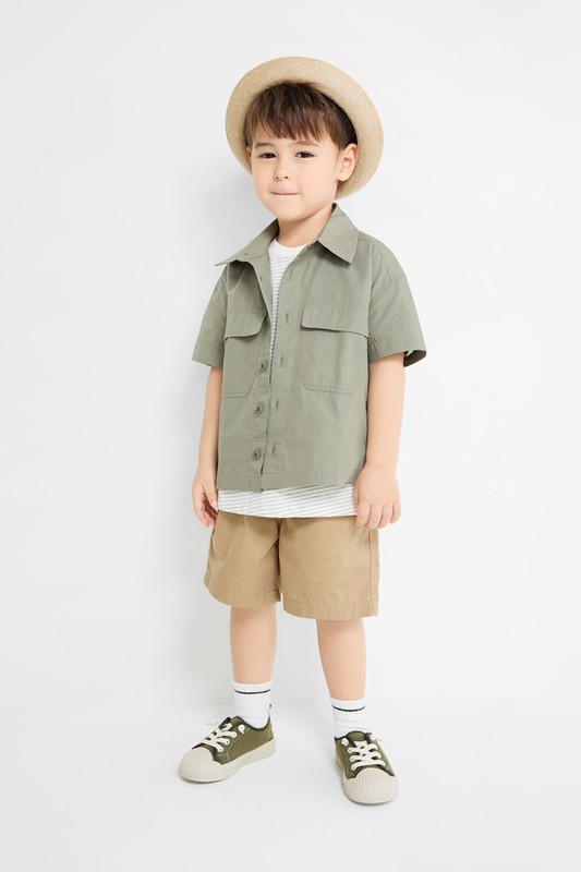 工裝寬版短袖襯衫-童