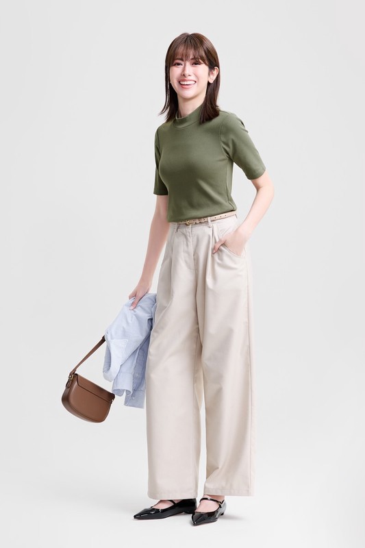 棉質羅紋立領五分袖T恤-女