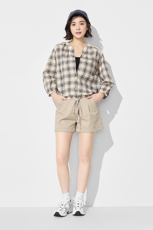 輕薄格紋七分袖抽繩襯衫-女