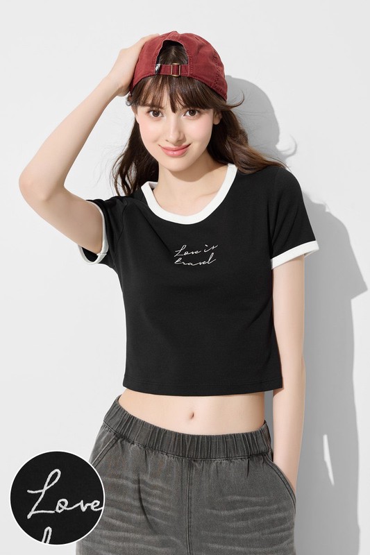 純棉羅紋配色文字電繡T恤-女