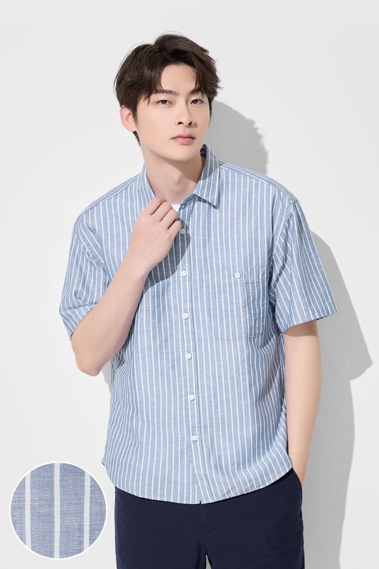 棉麻寬版條紋短袖襯衫-男