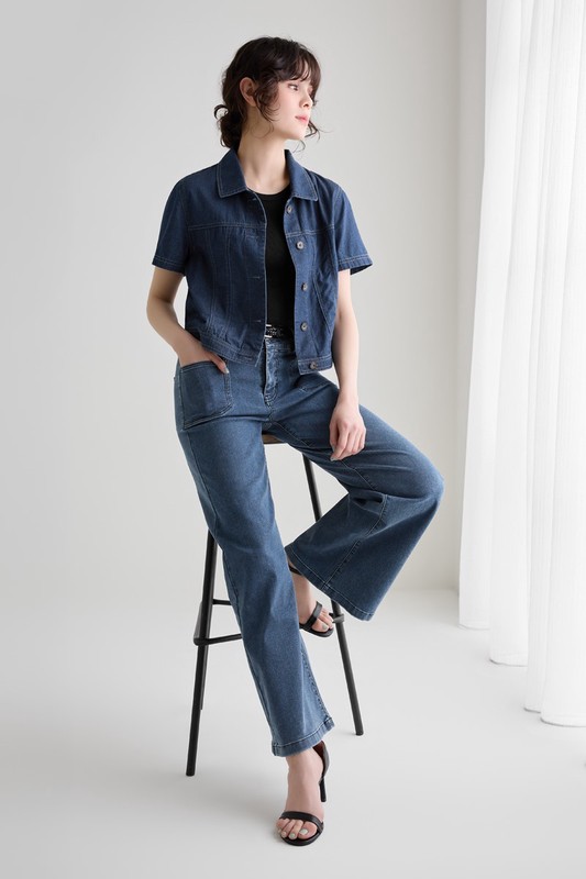 牛仔短袖襯衫式外套-女