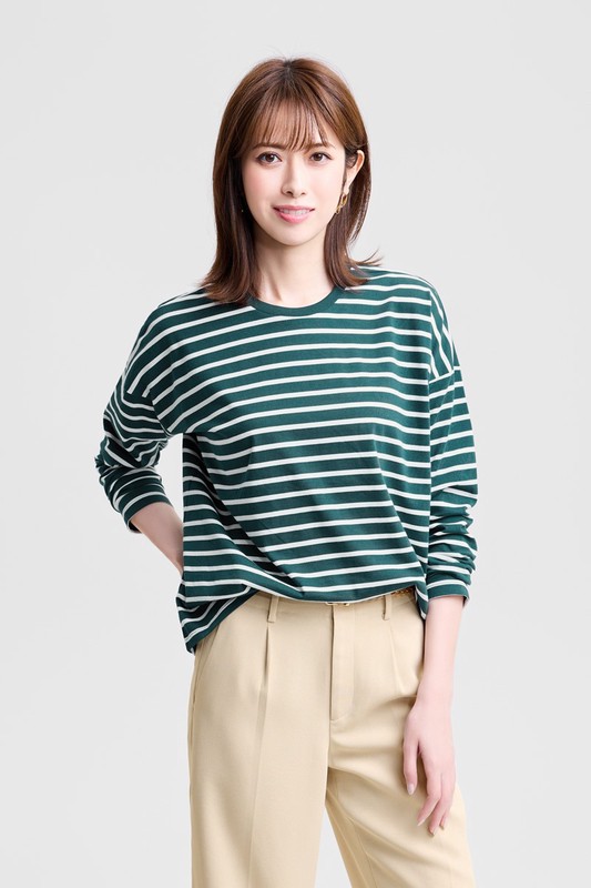 柔滑棉寬鬆條紋長袖T恤-女
