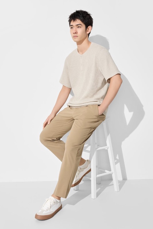 華夫格亨利領寬版T恤-男