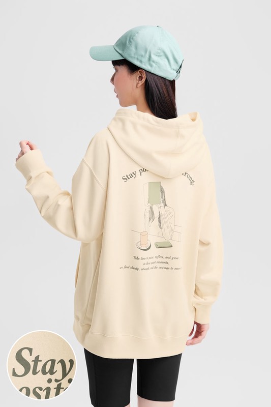 人物毛圈寬長版印花連帽衫-女