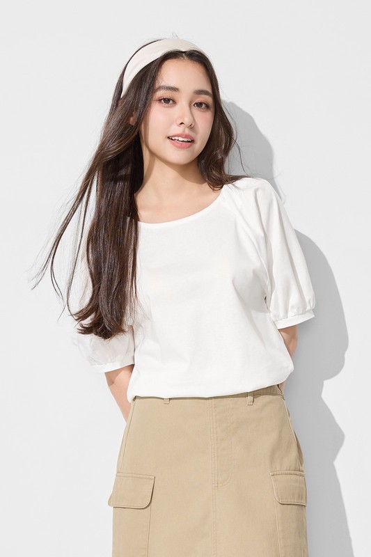 絲光棉寬鬆泡泡袖上衣-女