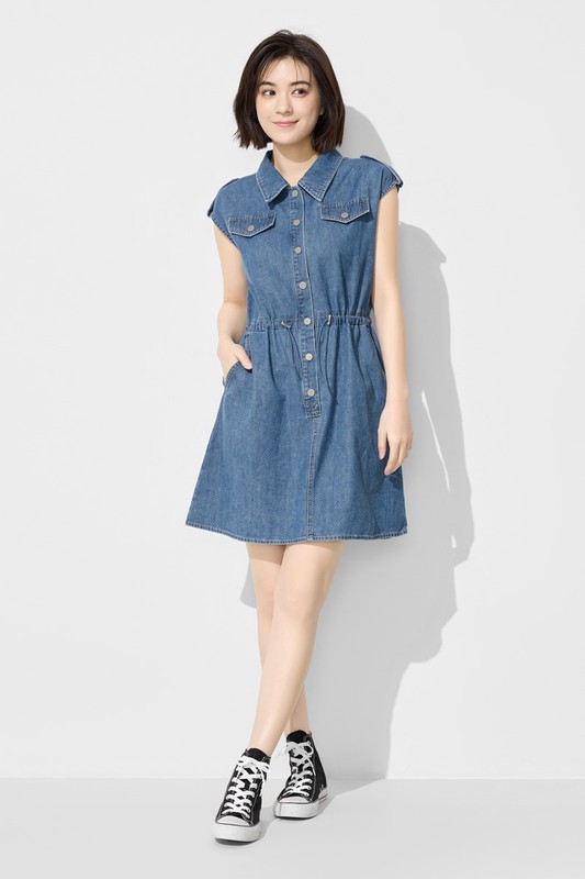 可調式腰圍牛仔短洋裝-女