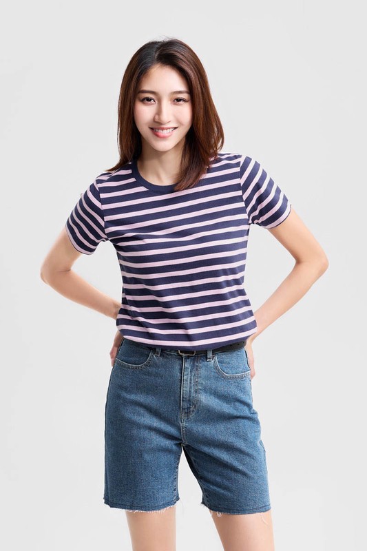 純棉條紋圓領T恤-女