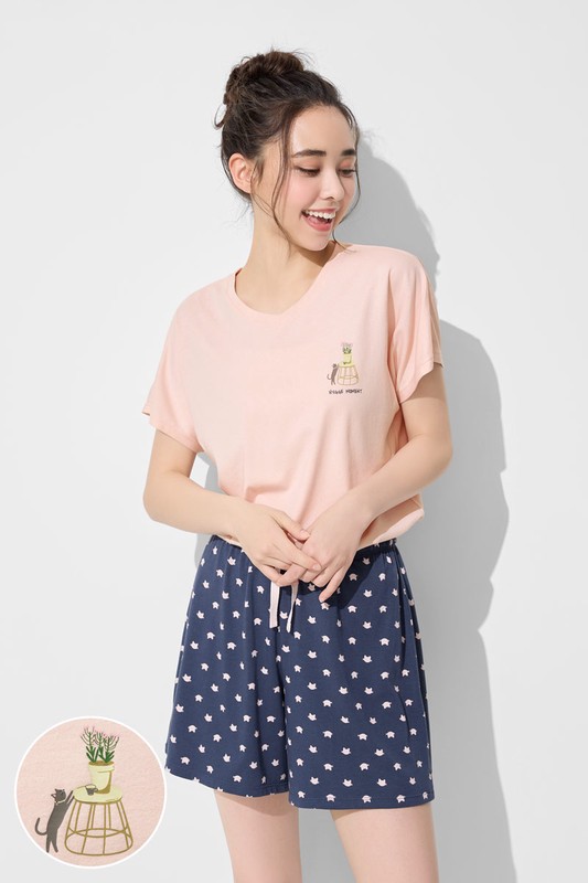 莫代爾V領貓咪家居套裝-女