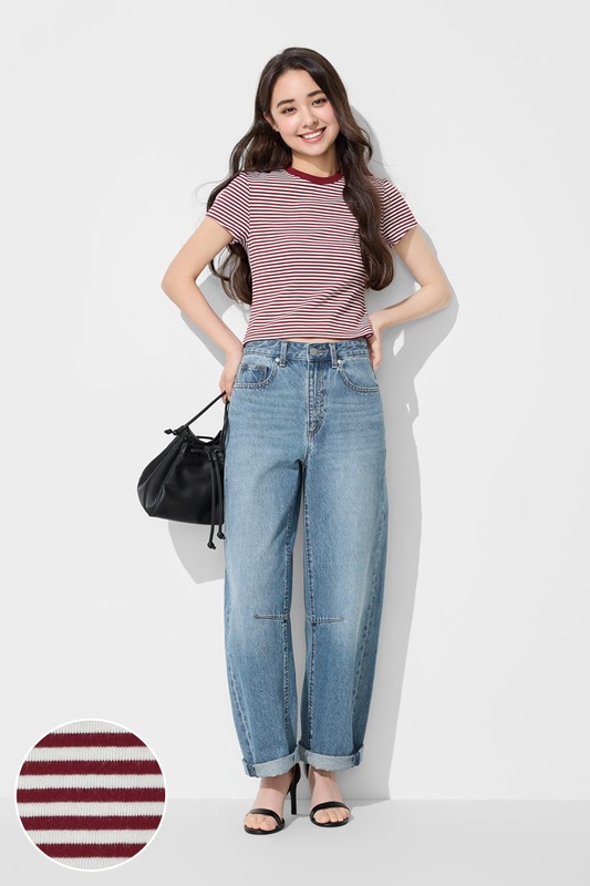 棉質羅紋條紋短版T恤-女