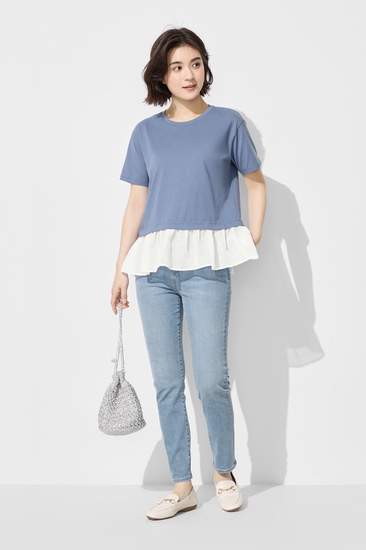 柔滑棉寬鬆雪紡拼接上衣-女