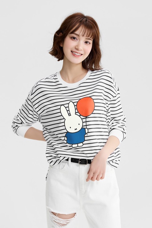 Miffy寬長版條紋長袖印花T恤-02-女