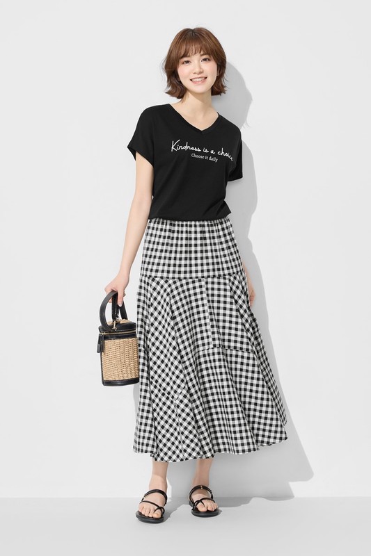 棉質格紋中長裙-女