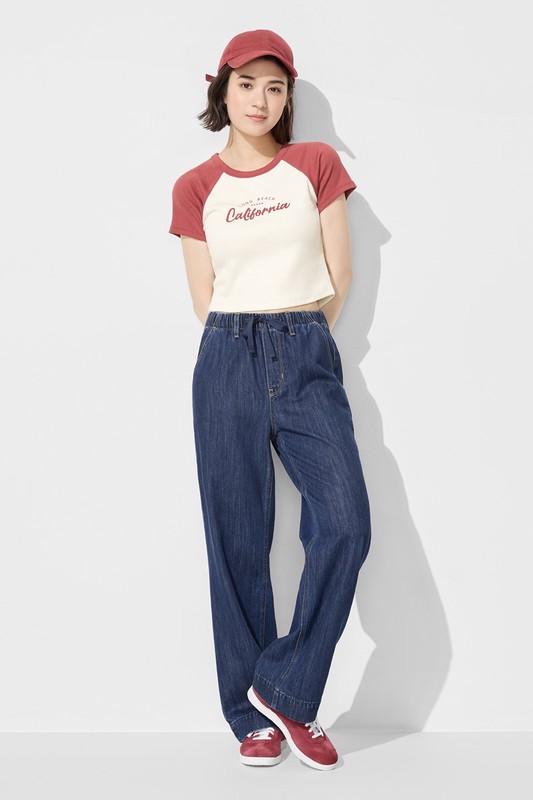 鬆緊直筒落地牛仔褲-女