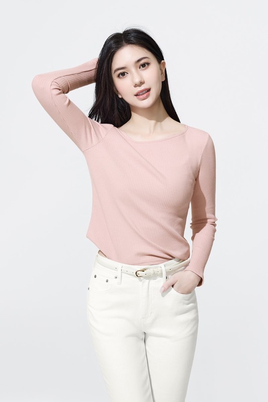 羅紋斜領長袖T恤-女