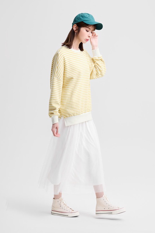 刷毛寬長版條紋圓領衫-女