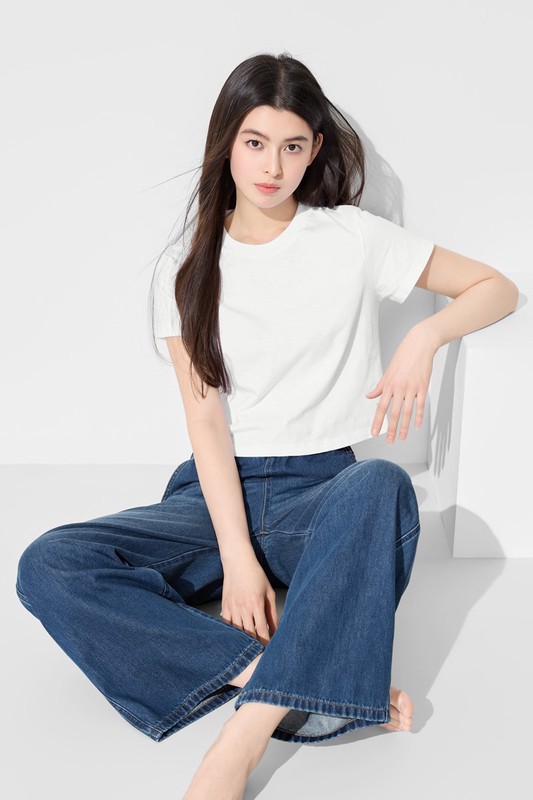 竹節棉圓領短版T恤-女