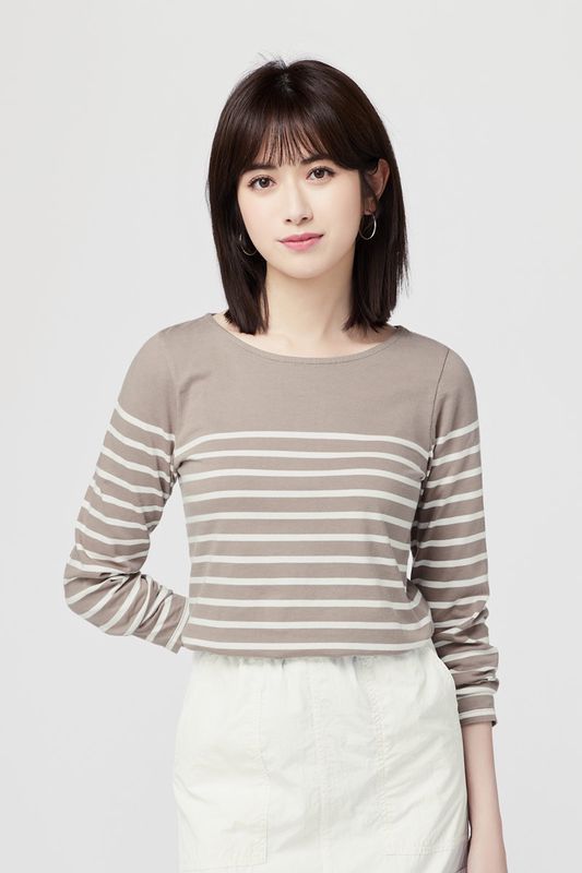 純棉條紋寬領長袖T恤-女