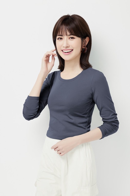 棉質羅紋圓領長袖T恤-女