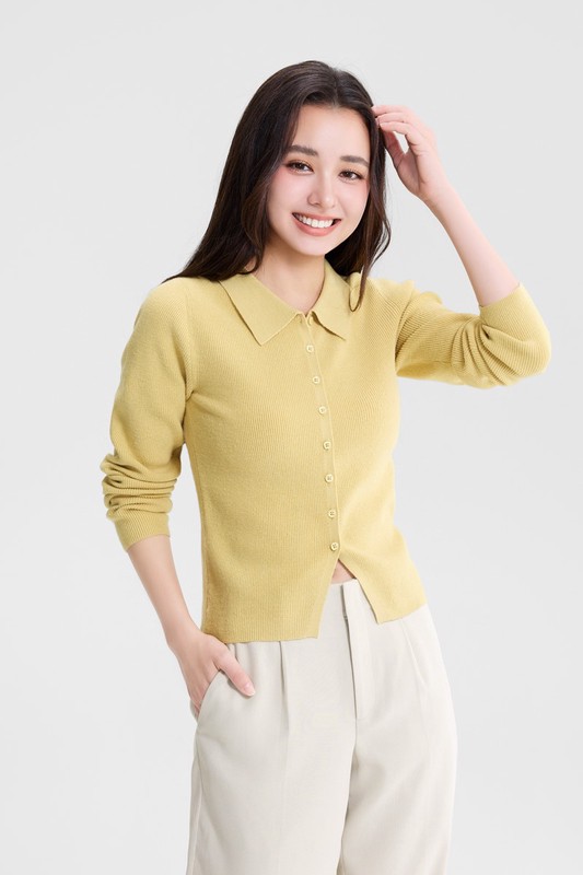 短版翻領針織開襟衫-女