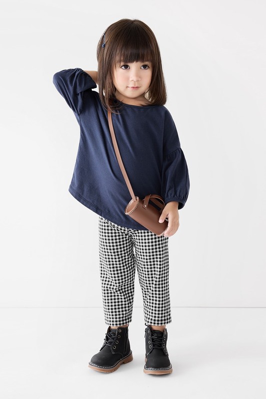 彈力格紋七分內搭褲-童