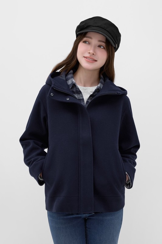 仿毛呢連帽短大衣-女