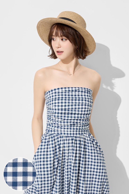 平口可拆式細肩帶格紋洋裝-女