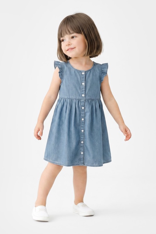 牛仔荷葉袖洋裝-童