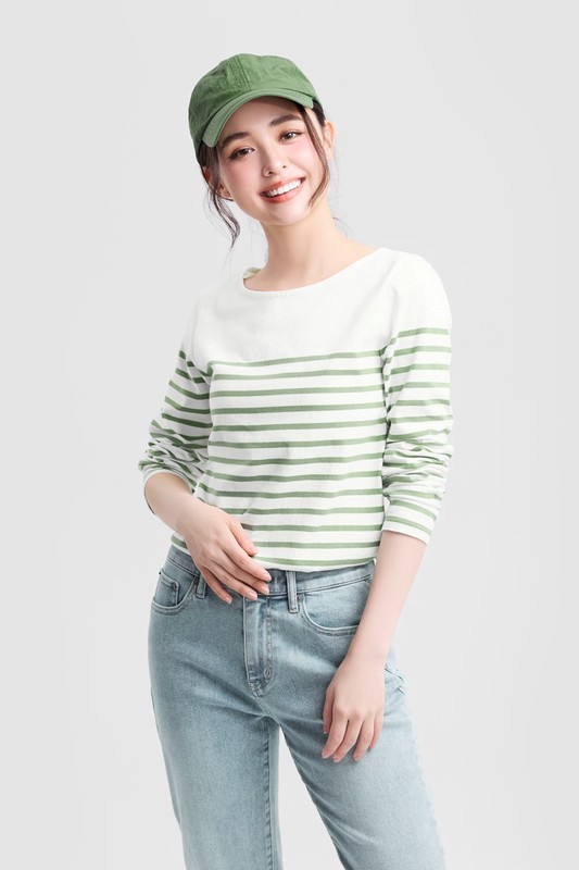 純棉條紋寬領長袖T恤-女