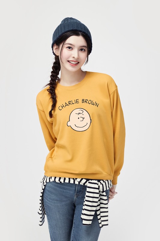 史努比系列毛圈寬版印花圓領衫-01-女
