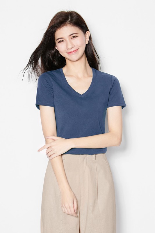 棉質羅紋V領T恤-女