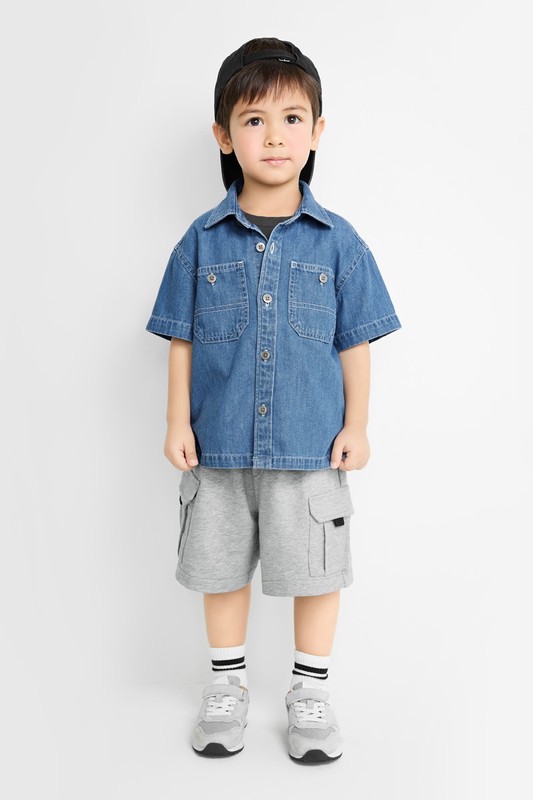 牛仔寬版短袖襯衫-童