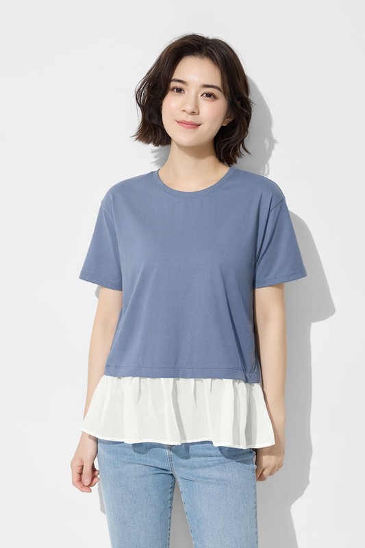 柔滑棉寬鬆雪紡拼接上衣-女