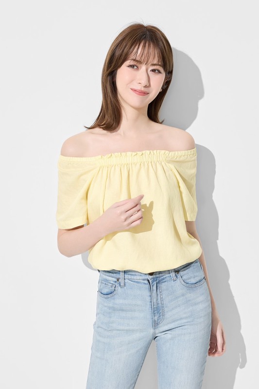 亞麻混紡方領寬版上衣-女