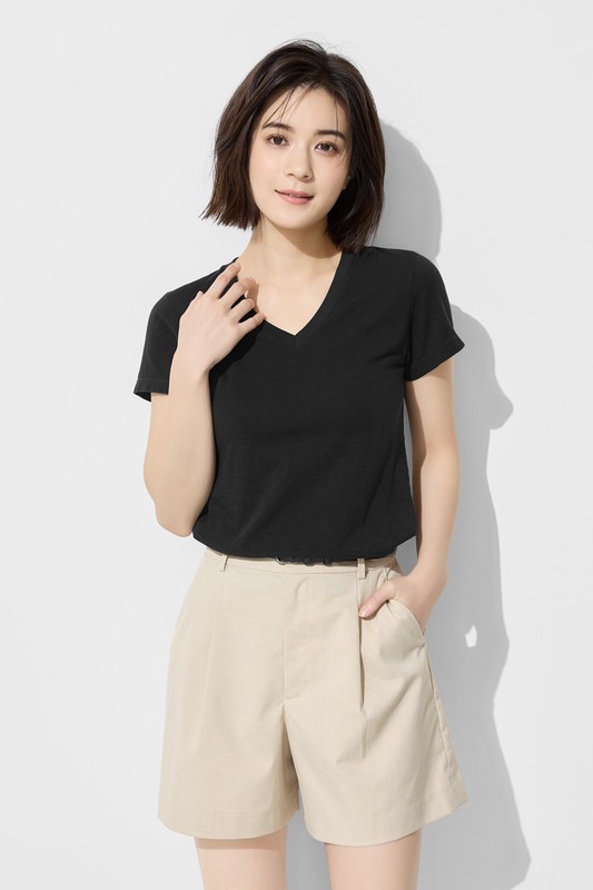 竹節棉V領T恤-女