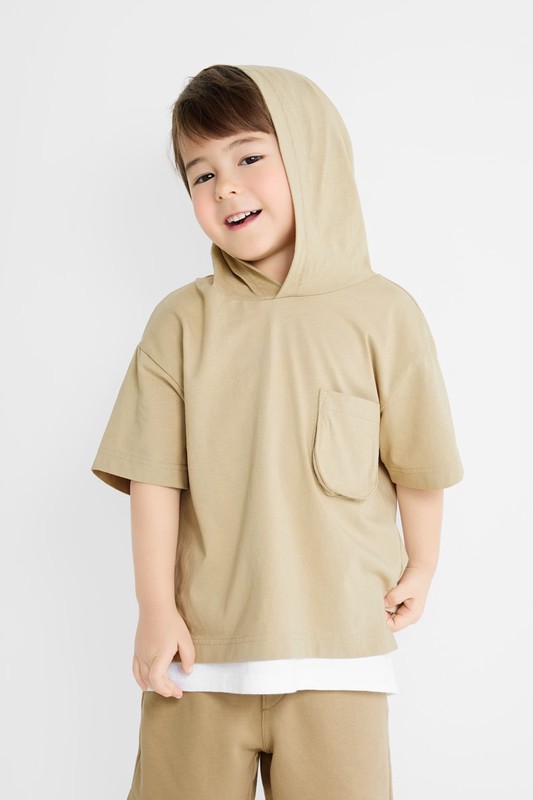純棉寬版口袋連帽上衣-童