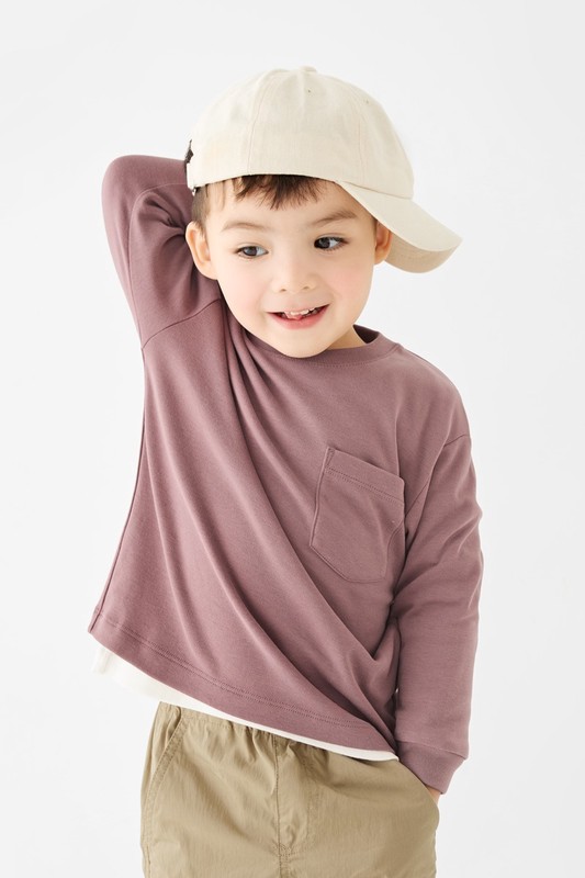 磨毛柔棉口袋圓領長袖T恤-童