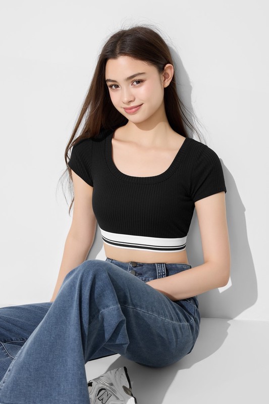 可拆式Bra莫代爾短版羅紋T恤-女
