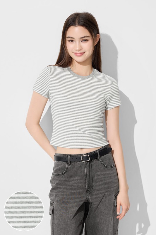 棉質羅紋條紋短版T恤-女