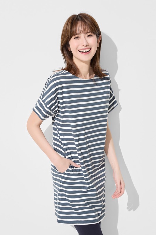 柔滑棉條紋寬鬆洋裝-女
