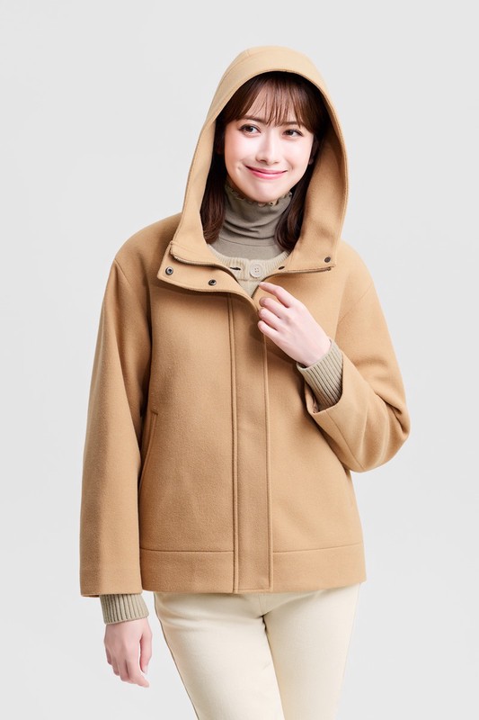 仿毛呢連帽短大衣-女