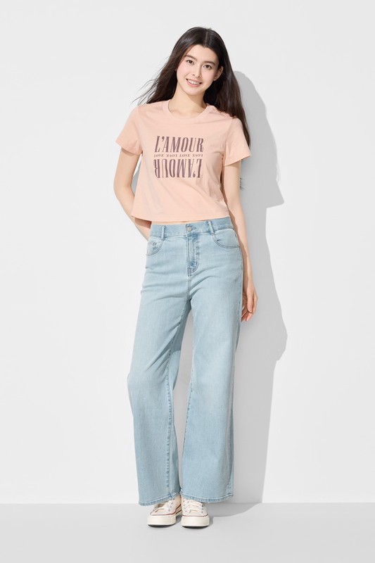 純棉圓領文字印花短版T恤-女