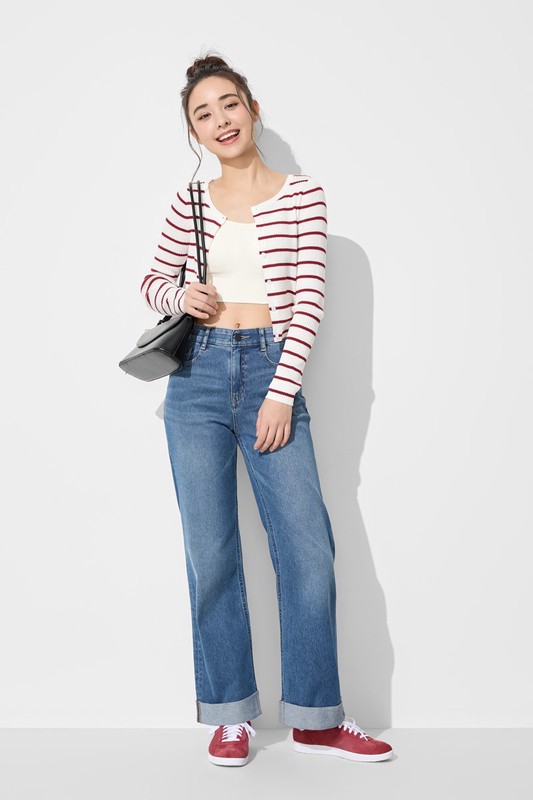 透膚圓領條紋短版針織外套-女