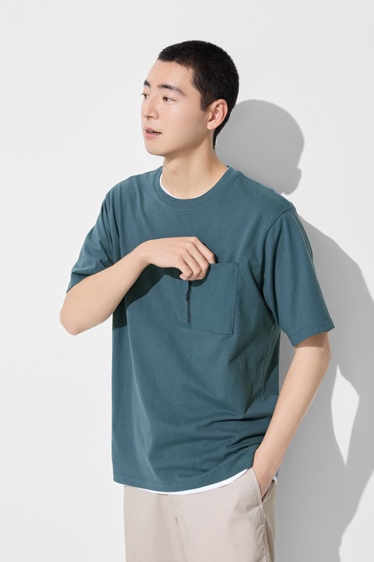 純棉厚寬版拉鍊袋五分袖T恤-男