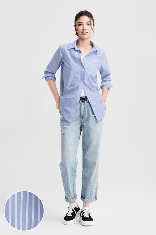 棉質條紋長版襯衫-女