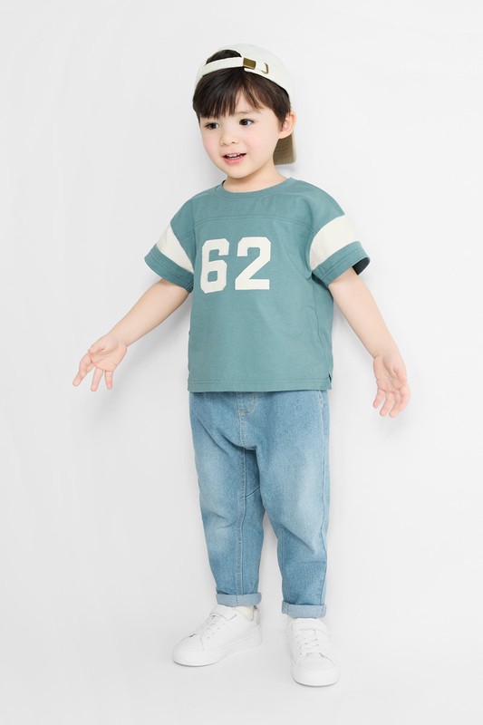 純棉文字寬版拼接T恤-童